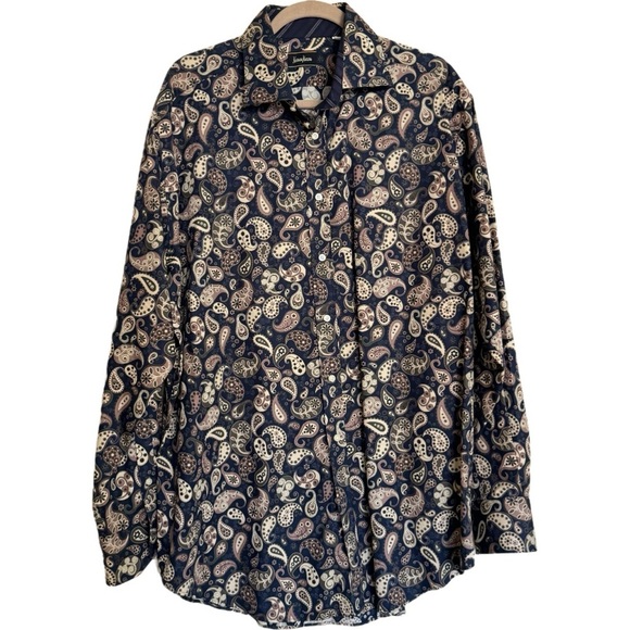 Neiman Marcus Shirt Size XXL Blue Tan Paisley Contrast Cuff Long Sleeve - Picture 1 of 16